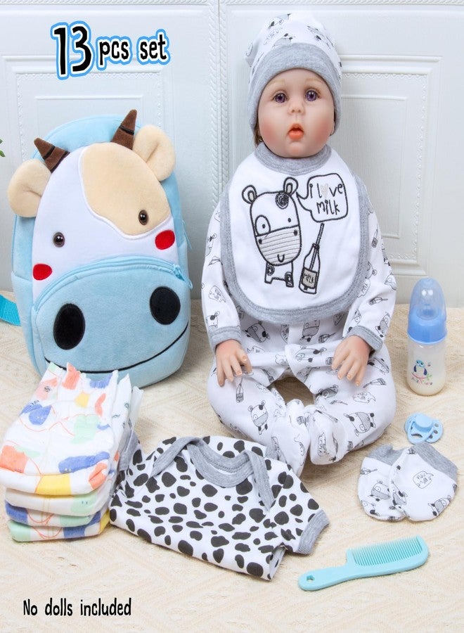 Pedolltree Reborn Baby Dolls Clothes Outfit Accessories Cow 13 Pcs Set for 17-22 Inch Reborn Dolls Newborn Boy with Blue Cow Backpack Diaper - Image 3